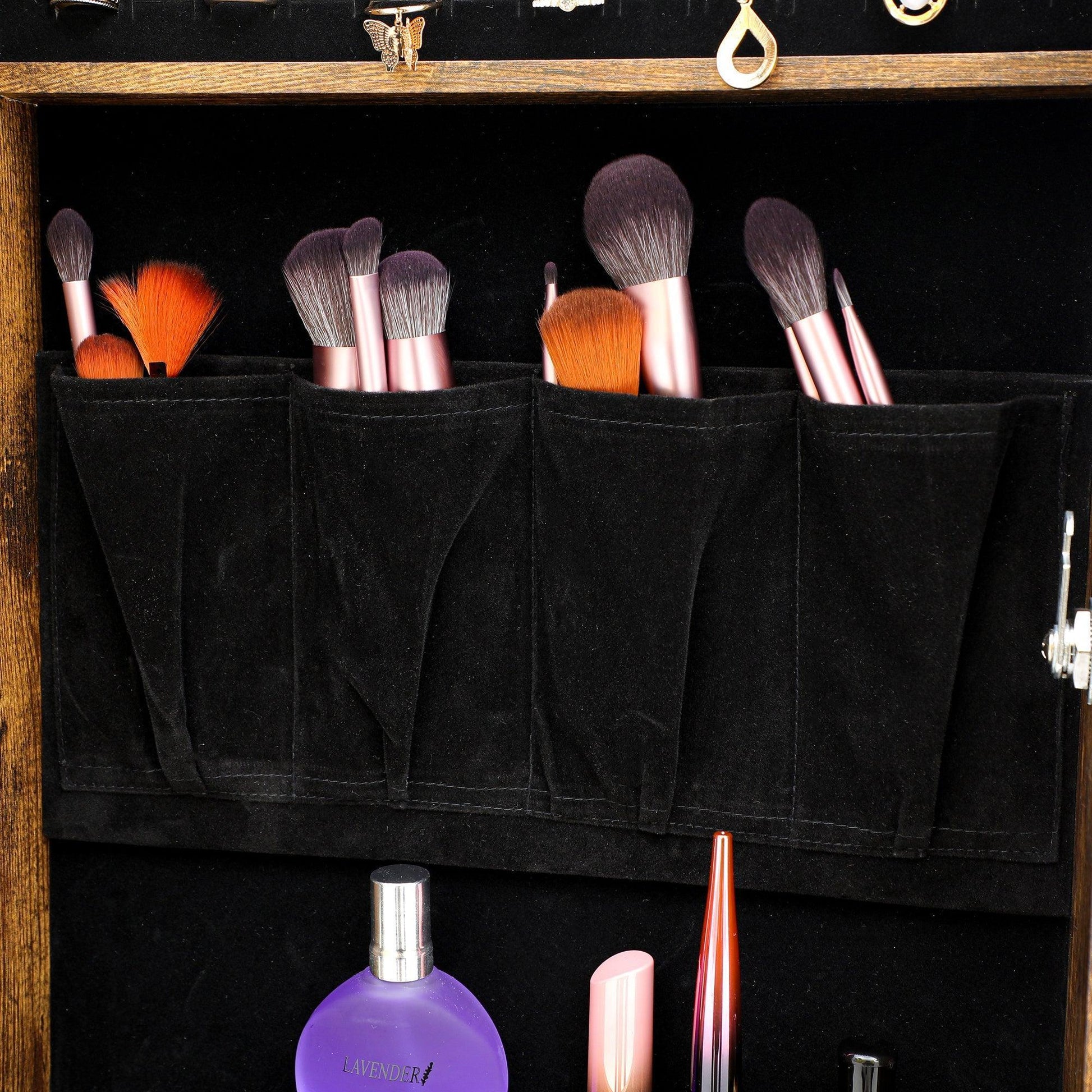 Jewelry Storage Mirror Cabinet With LED Lights, Mount On The Door Or Wall, Rustic Brown FredCo