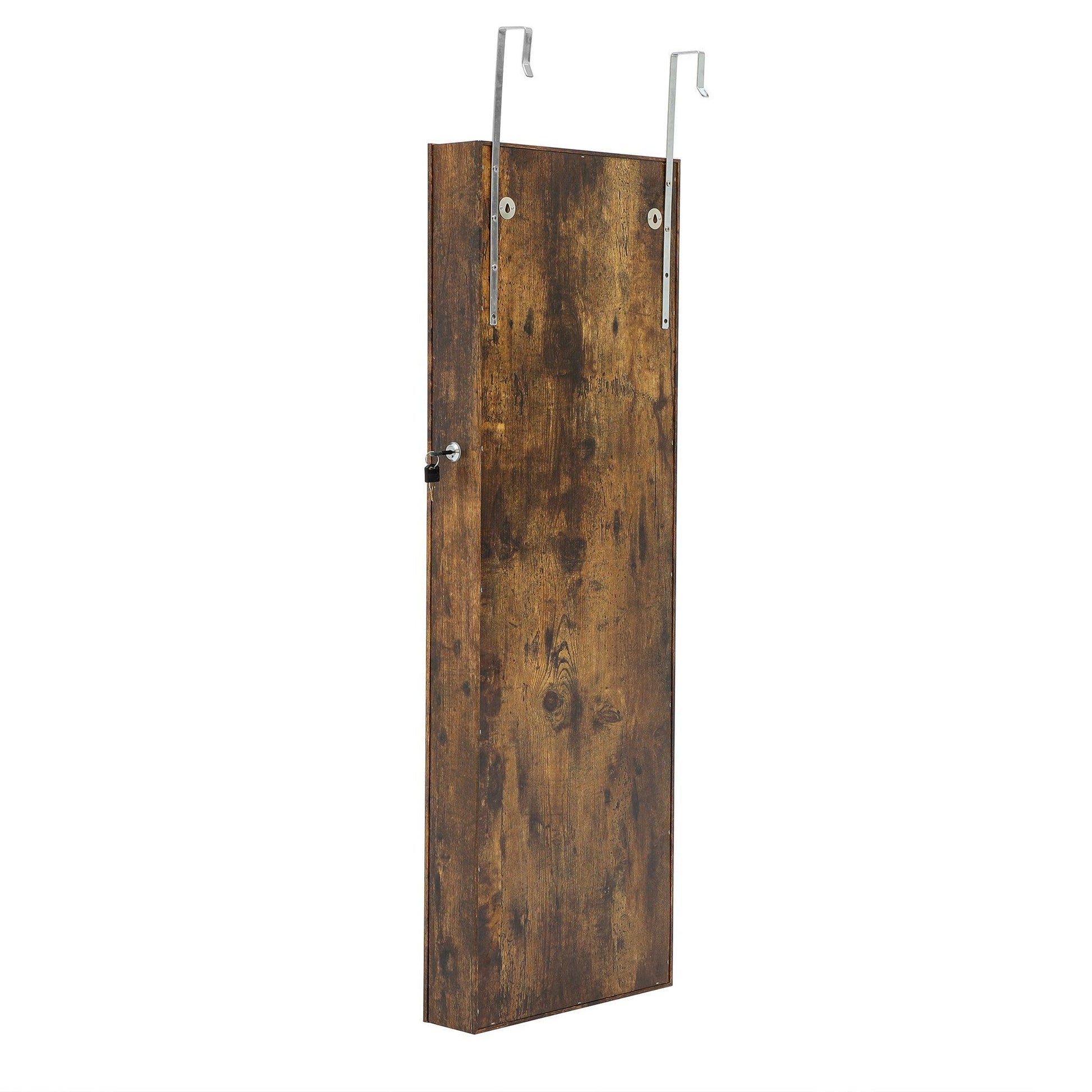 Jewelry Storage Mirror Cabinet With LED Lights, Mount On The Door Or Wall, Rustic Brown FredCo