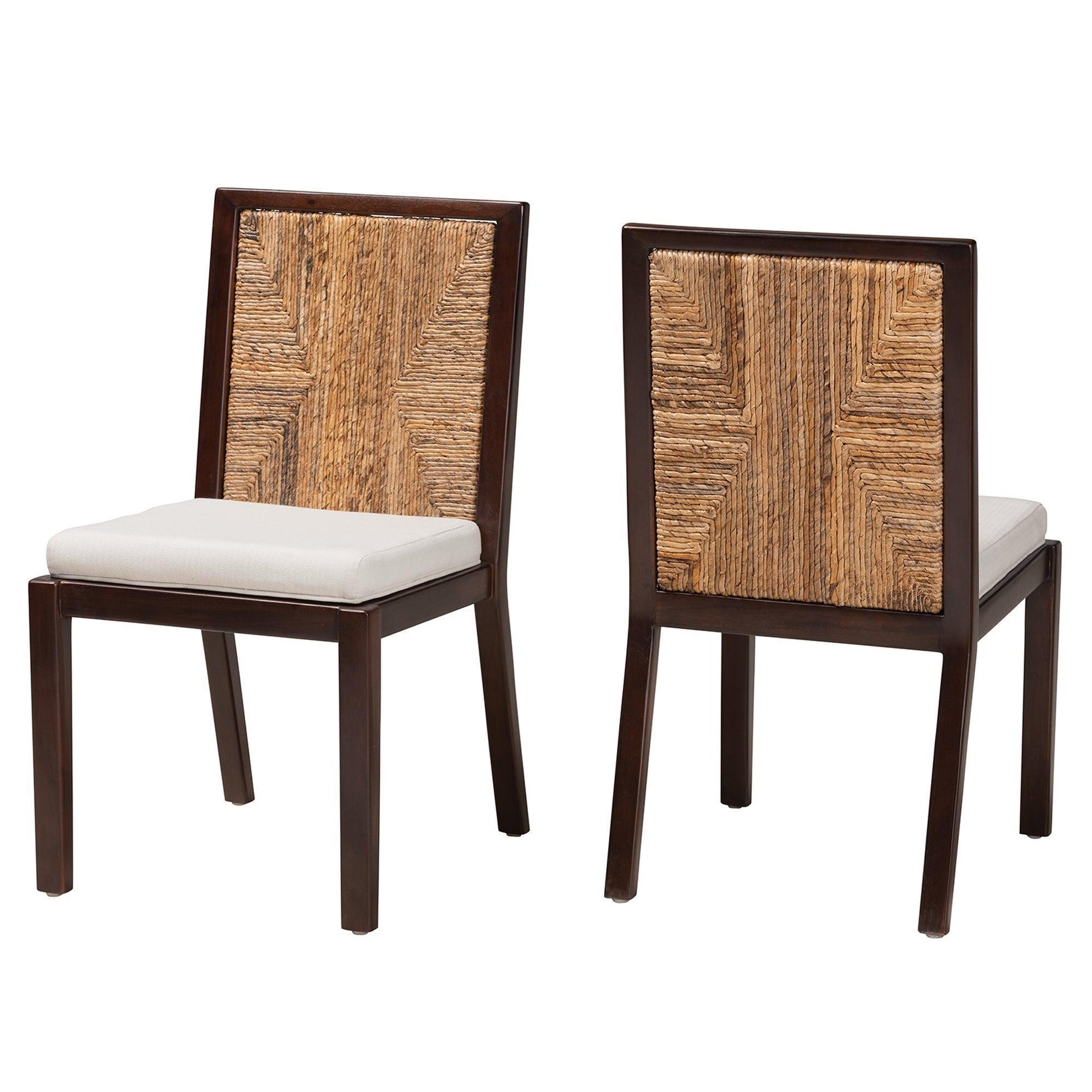 Joana Modern Bohemian Dark Brown Mahogany Wood and Natural Abaca Dining Side Chair (2) FredCo