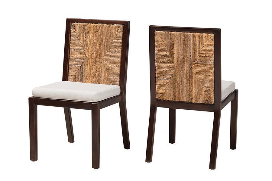 Joana Modern Bohemian Dark Brown Mahogany Wood and Natural Abaca Dining Side Chair (2) FredCo