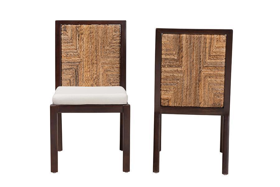 Joana Modern Bohemian Dark Brown Mahogany Wood and Natural Abaca Dining Side Chair (2) FredCo