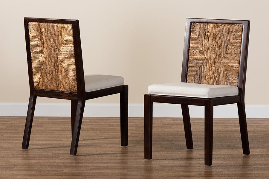 Joana Modern Bohemian Dark Brown Mahogany Wood and Natural Abaca Dining Side Chair (2) FredCo