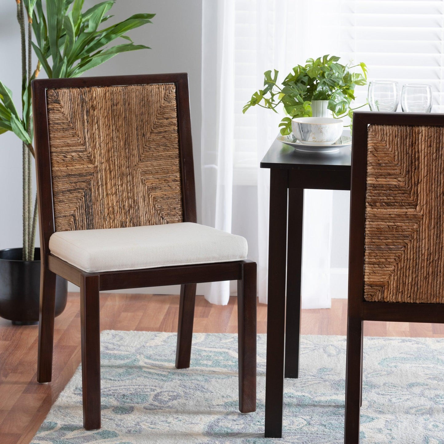Joana Modern Bohemian Dark Brown Mahogany Wood and Natural Abaca Dining Side Chair (2) FredCo