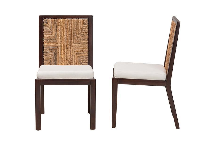 Joana Modern Bohemian Dark Brown Mahogany Wood and Natural Abaca Dining Side Chair (2) FredCo