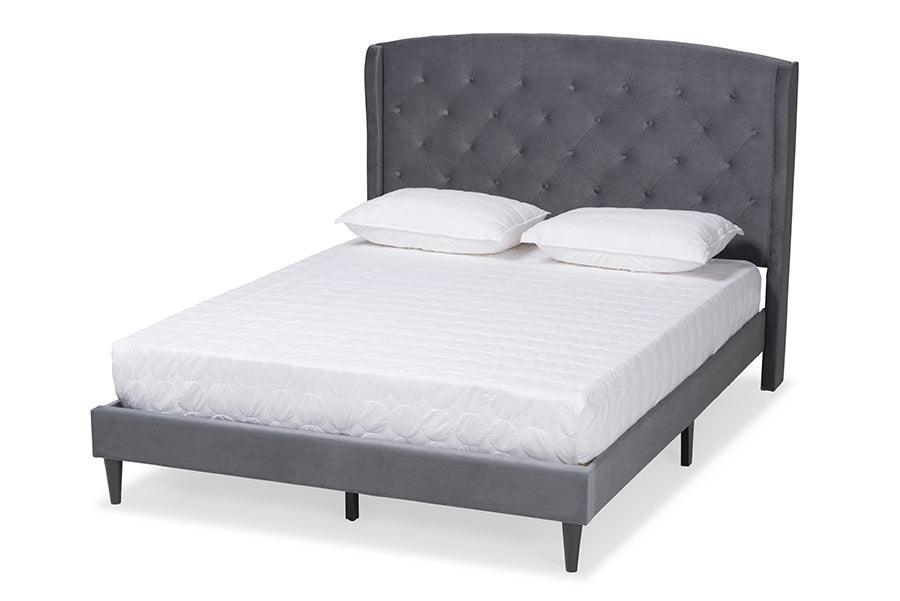Joanna Modern and Contemporay Grey Velvet Fabric Upholstered and Dark Brown Finished Wood King Size Platform Bed FredCo