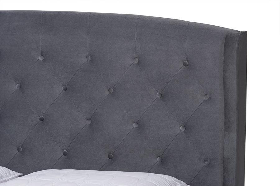 Joanna Modern and Contemporay Grey Velvet Fabric Upholstered and Dark Brown Finished Wood King Size Platform Bed FredCo