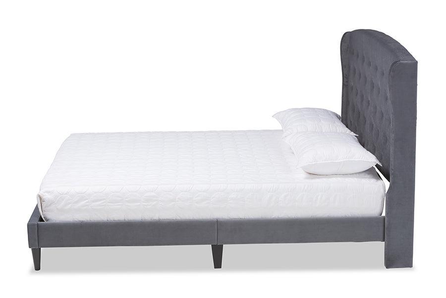 Joanna Modern and Contemporay Grey Velvet Fabric Upholstered and Dark Brown Finished Wood King Size Platform Bed FredCo