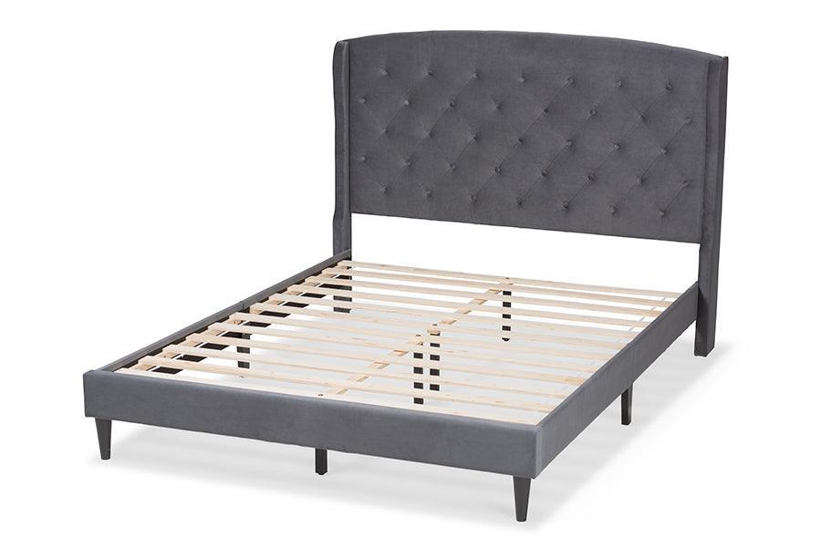 Joanna Modern and Contemporay Grey Velvet Fabric Upholstered and Dark Brown Finished Wood King Size Platform Bed FredCo