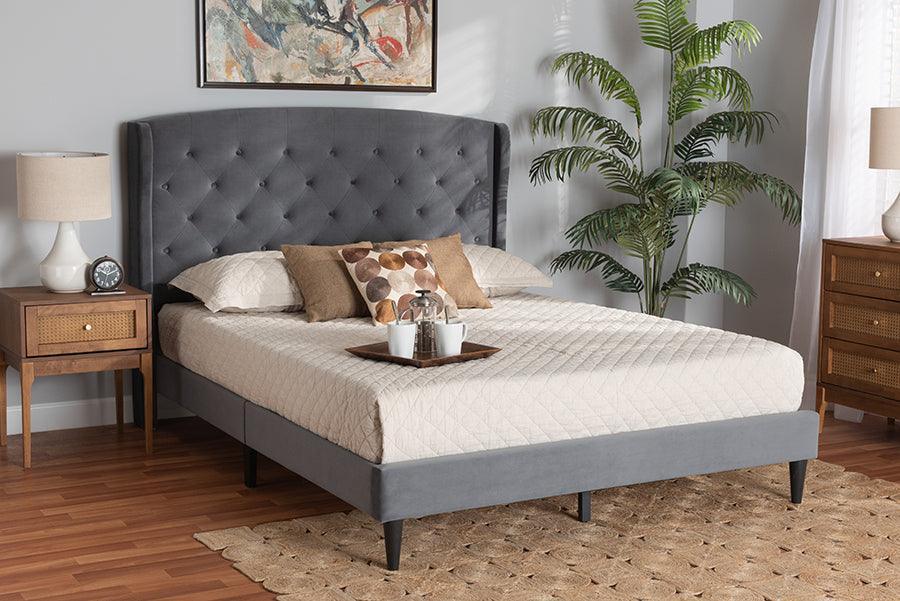 Joanna Modern and Contemporay Grey Velvet Fabric Upholstered and Dark Brown Finished Wood King Size Platform Bed FredCo