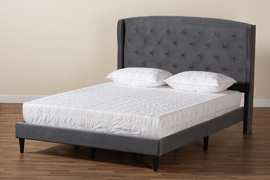 Joanna Modern and Contemporay Grey Velvet Fabric Upholstered and Dark Brown Finished Wood King Size Platform Bed FredCo