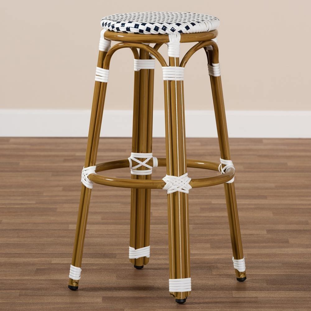 Joelle Classic French Indoor and Outdoor Navy and White Bamboo Style Stackable Bistro Bar Stool FredCo