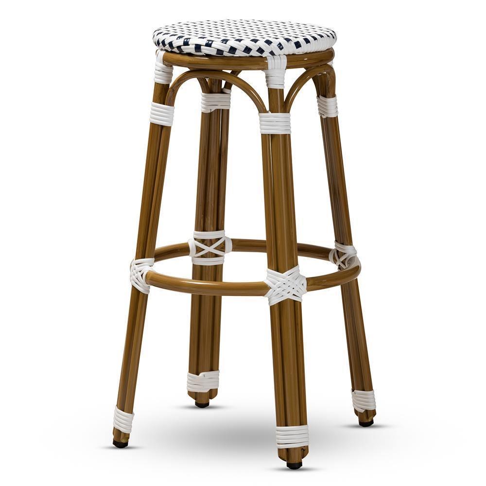 Joelle Classic French Indoor and Outdoor Navy and White Bamboo Style Stackable Bistro Bar Stool FredCo