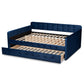 Jona Modern and Contemporary Transitional Navy Blue Velvet Fabric Upholstered and Button Tufted Full Size Daybed with Trundle FredCo