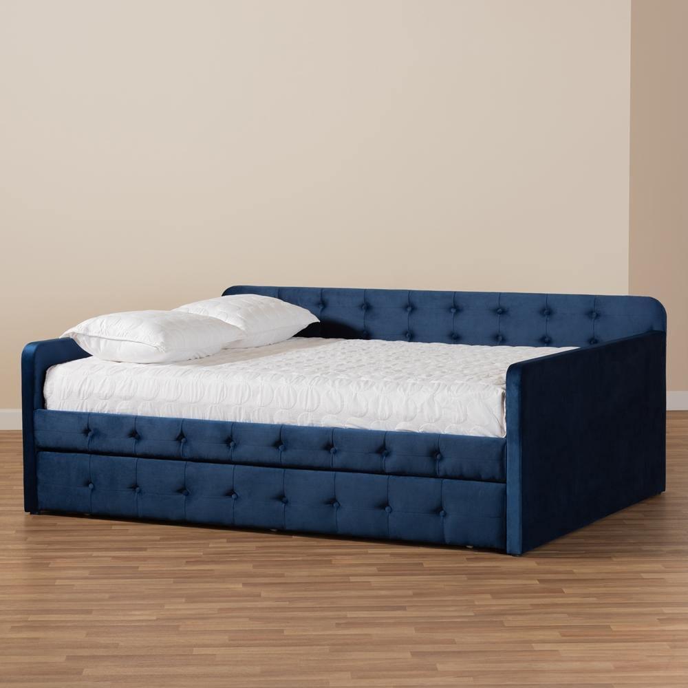 Jona Modern and Contemporary Transitional Navy Blue Velvet Fabric Upholstered and Button Tufted Full Size Daybed with Trundle FredCo