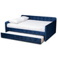 Jona Modern and Contemporary Transitional Navy Blue Velvet Fabric Upholstered and Button Tufted Full Size Daybed with Trundle FredCo