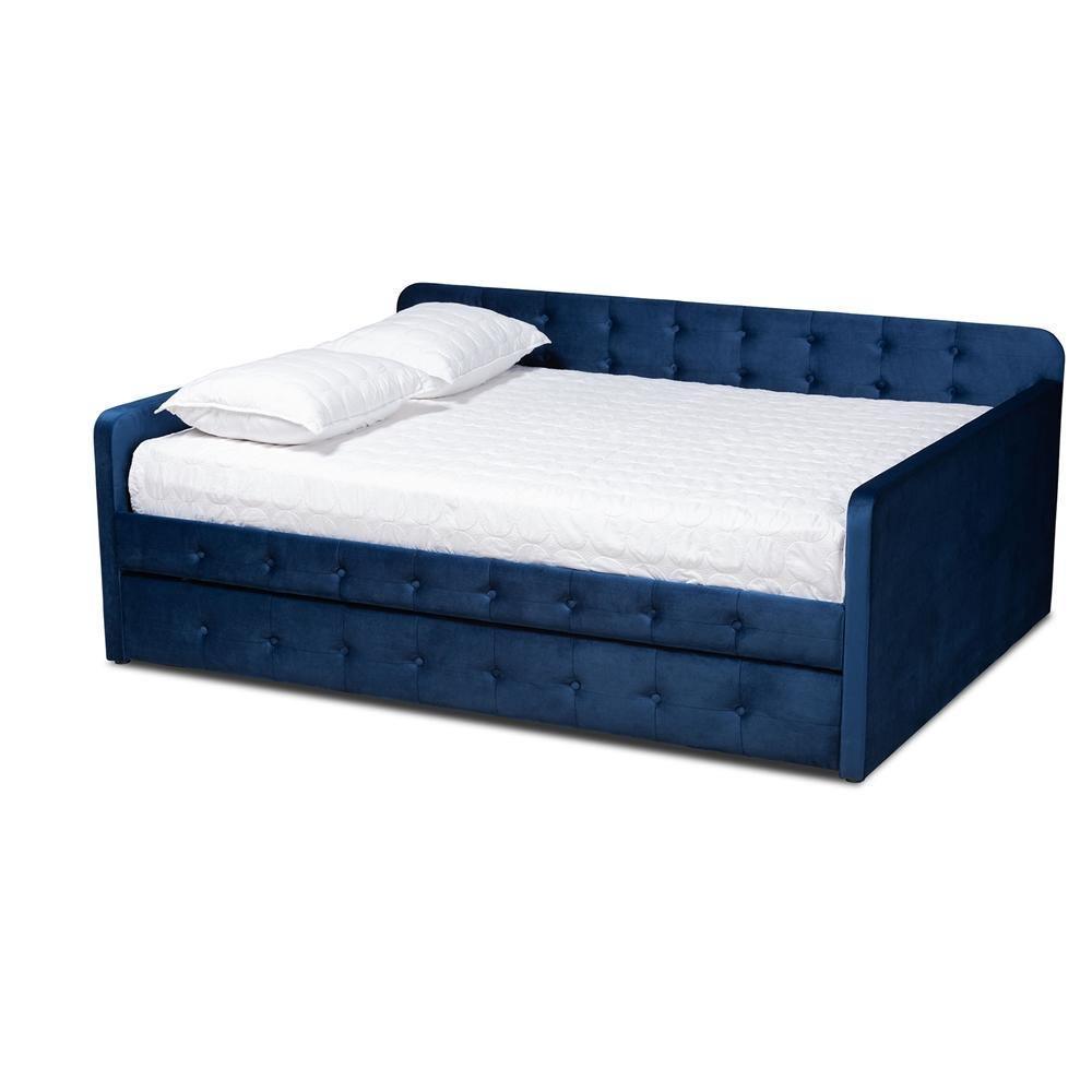 Jona Modern and Contemporary Transitional Navy Blue Velvet Fabric Upholstered and Button Tufted Full Size Daybed with Trundle FredCo