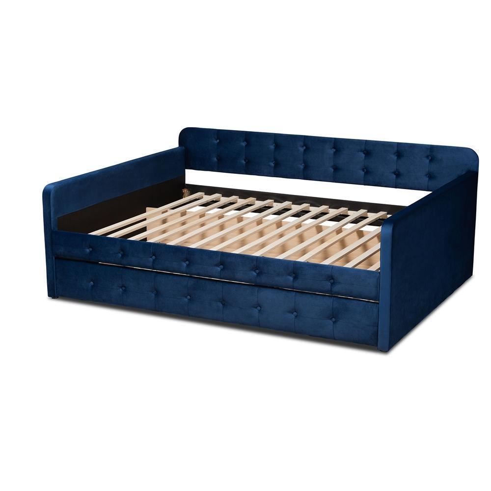Jona Modern and Contemporary Transitional Navy Blue Velvet Fabric Upholstered and Button Tufted Full Size Daybed with Trundle FredCo