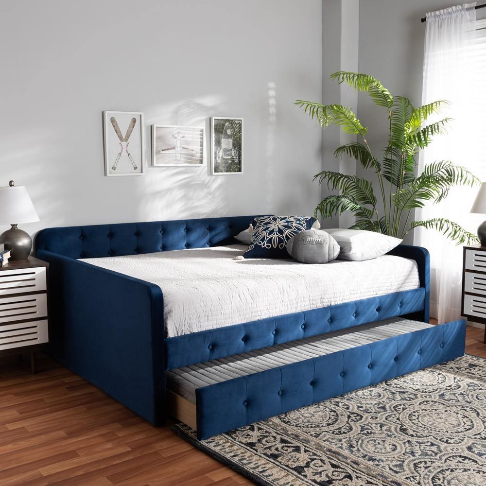 Jona Modern and Contemporary Transitional Navy Blue Velvet Fabric Upholstered and Button Tufted Queen Size Daybed with Trundle FredCo