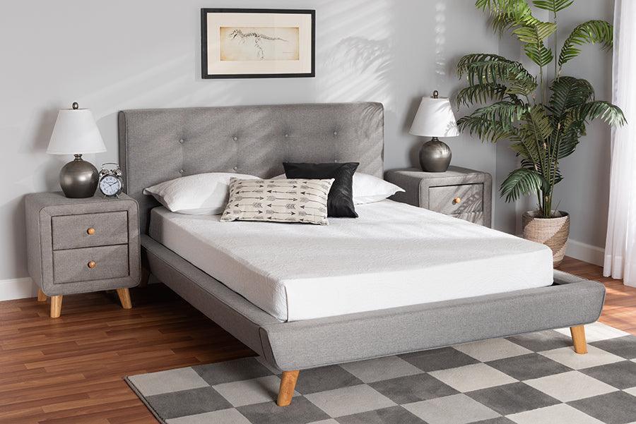 Jonesy Mid-Century Modern Transitional Grey Fabric Upholstered Queen Size 3-Piece Bedroom Set FredCo