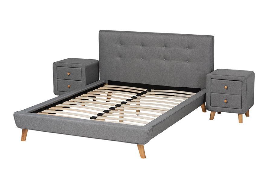 Jonesy Mid-Century Modern Transitional Grey Fabric Upholstered Queen Size 3-Piece Bedroom Set FredCo