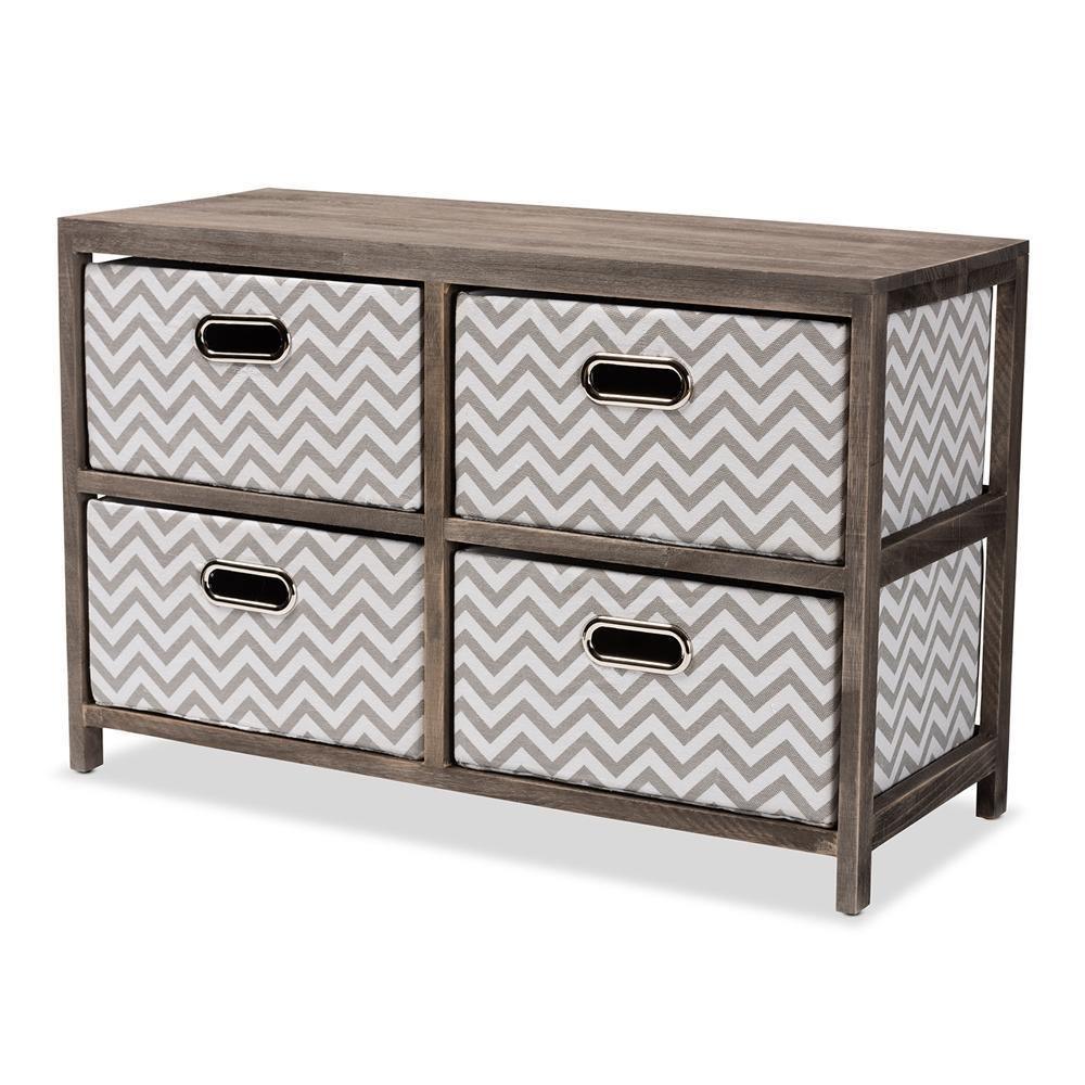 Jorah Modern and Contemporary Grey and White Fabric Upholstered Greywashed Wood 4-Basket Storage Unit FredCo