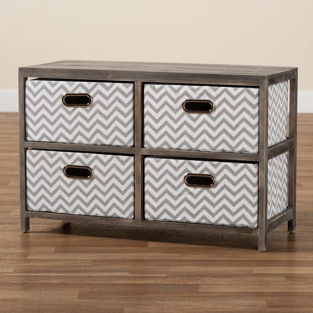 Jorah Modern and Contemporary Grey and White Fabric Upholstered Greywashed Wood 4-Basket Storage Unit FredCo