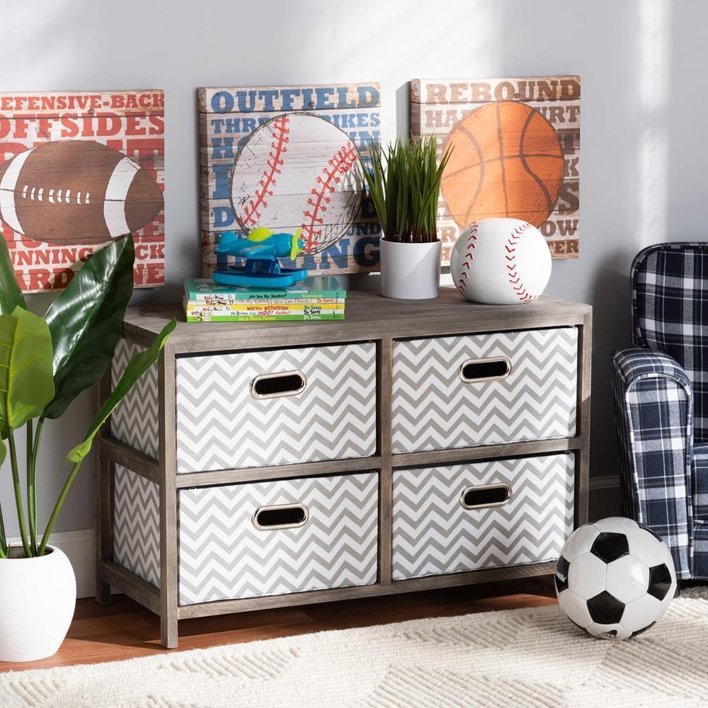 Jorah Modern and Contemporary Grey and White Fabric Upholstered Greywashed Wood 4-Basket Storage Unit FredCo