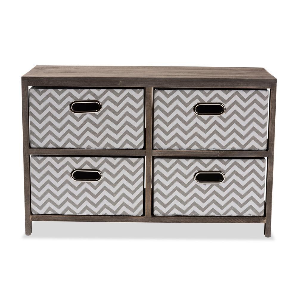 Jorah Modern and Contemporary Grey and White Fabric Upholstered Greywashed Wood 4-Basket Storage Unit FredCo