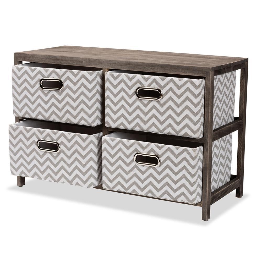 Jorah Modern and Contemporary Grey and White Fabric Upholstered Greywashed Wood 4-Basket Storage Unit FredCo