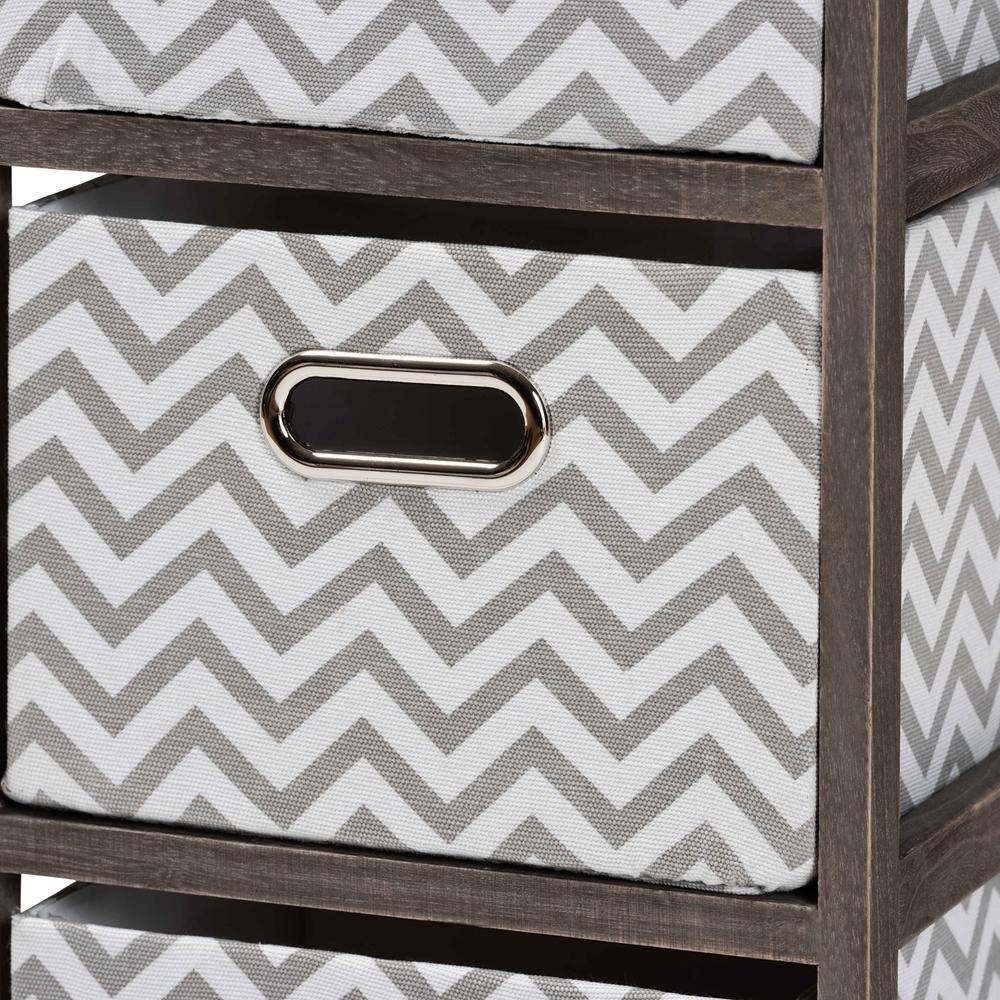 Jorah Modern and Contemporary Grey and White Fabric Upholstered Greywashed Wood 4-Basket Tallboy Storage Unit FredCo