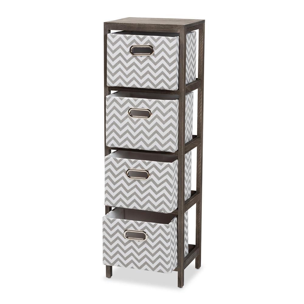 Jorah Modern and Contemporary Grey and White Fabric Upholstered Greywashed Wood 4-Basket Tallboy Storage Unit FredCo