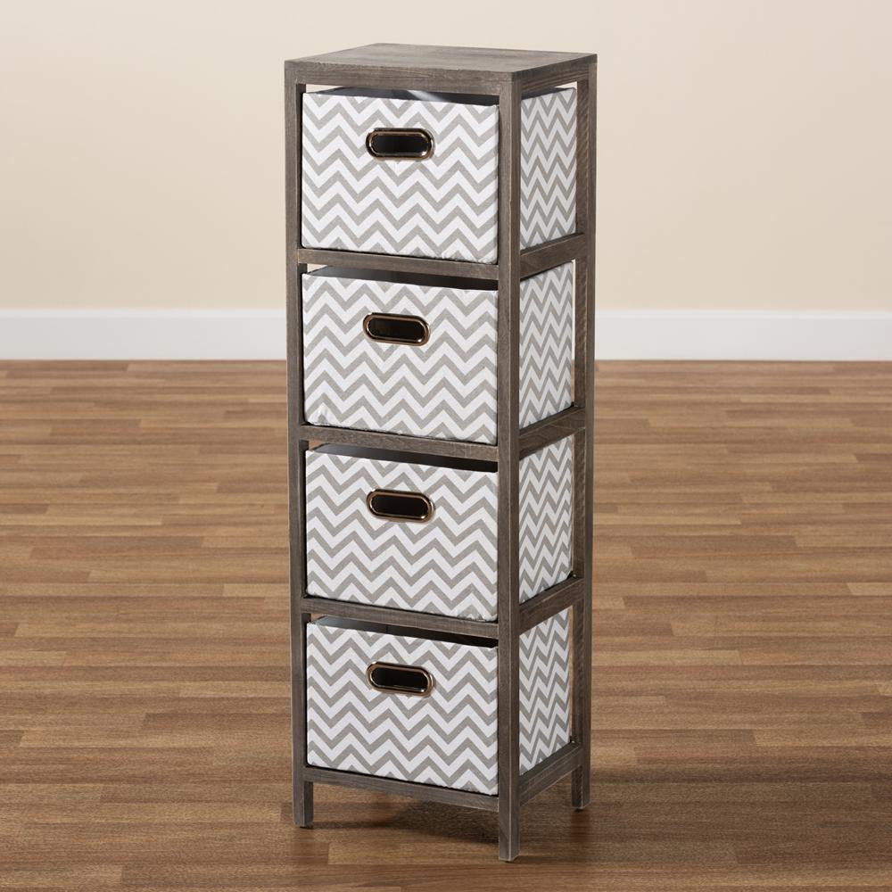Jorah Modern and Contemporary Grey and White Fabric Upholstered Greywashed Wood 4-Basket Tallboy Storage Unit FredCo
