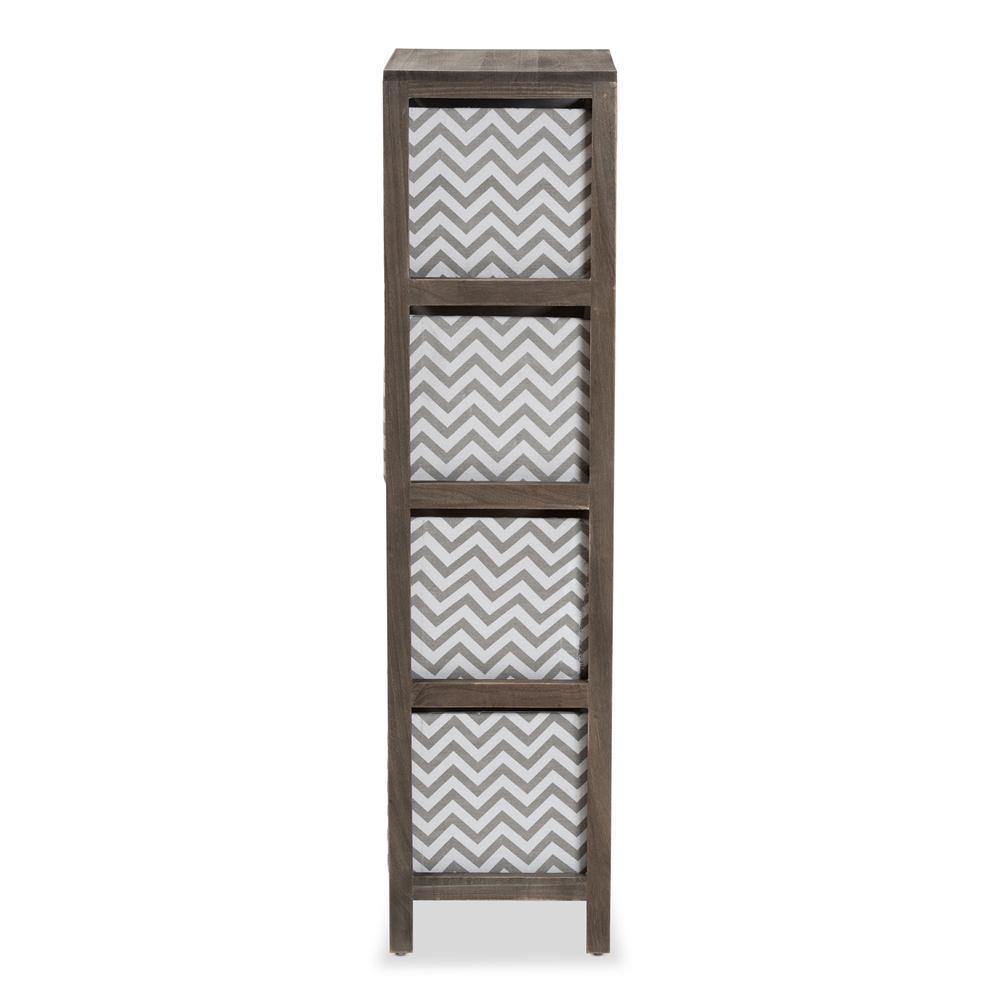 Jorah Modern and Contemporary Grey and White Fabric Upholstered Greywashed Wood 4-Basket Tallboy Storage Unit FredCo