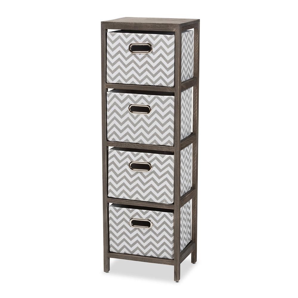 Jorah Modern and Contemporary Grey and White Fabric Upholstered Greywashed Wood 4-Basket Tallboy Storage Unit FredCo