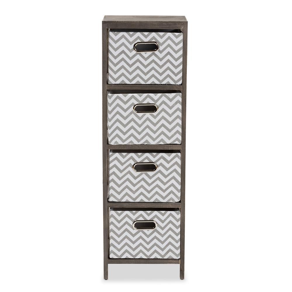 Jorah Modern and Contemporary Grey and White Fabric Upholstered Greywashed Wood 4-Basket Tallboy Storage Unit FredCo