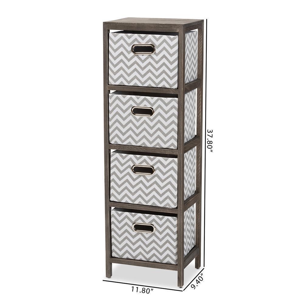 Jorah Modern and Contemporary Grey and White Fabric Upholstered Greywashed Wood 4-Basket Tallboy Storage Unit FredCo
