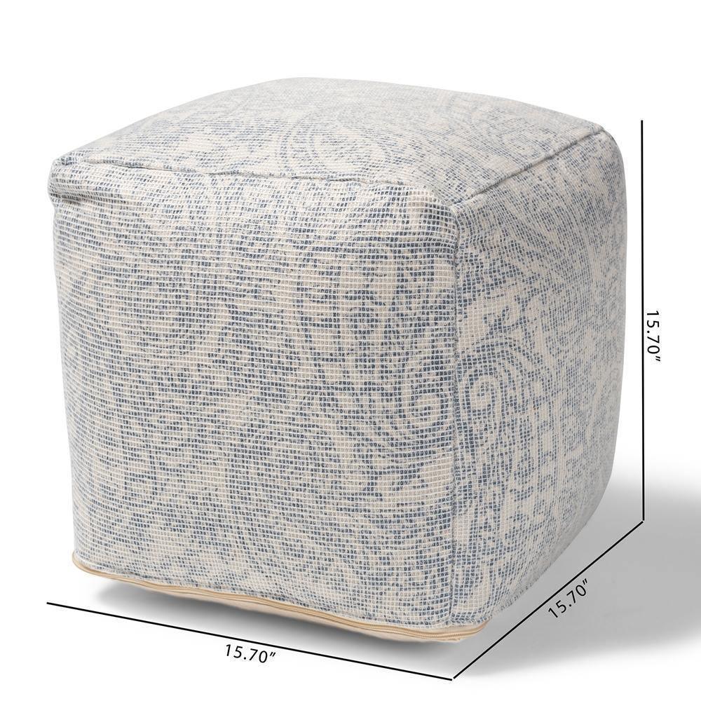 Juvita Modern and Contemporary Ivory and Blue Handwoven Cotton Paisley Pouf Ottoman FredCo