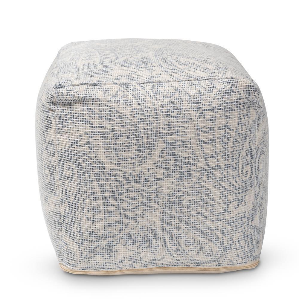Juvita Modern and Contemporary Ivory and Blue Handwoven Cotton Paisley Pouf Ottoman FredCo