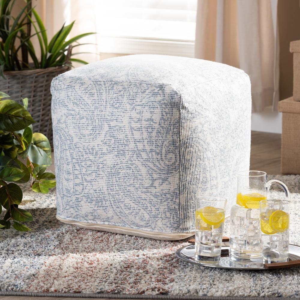 Juvita Modern and Contemporary Ivory and Blue Handwoven Cotton Paisley Pouf Ottoman FredCo