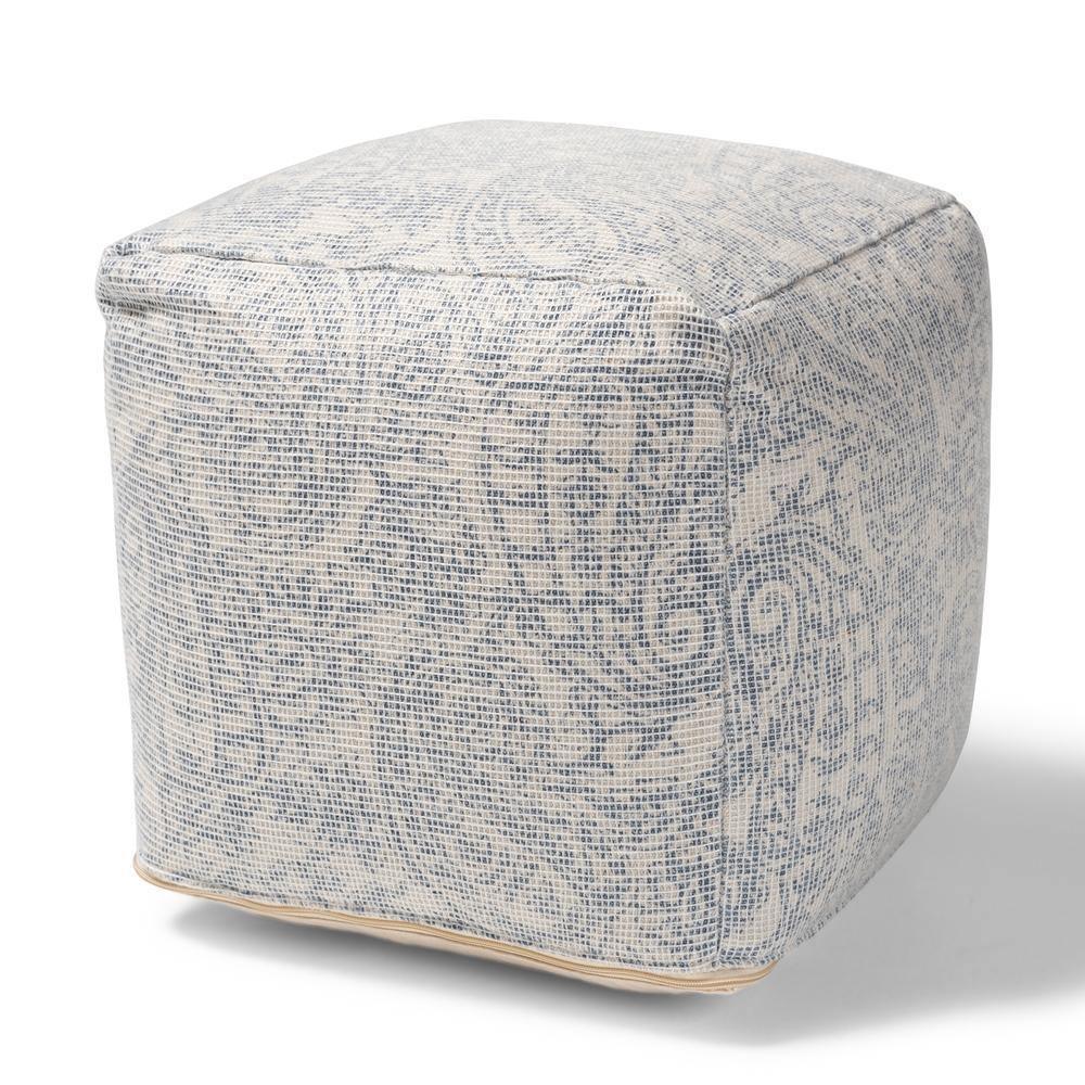 Juvita Modern and Contemporary Ivory and Blue Handwoven Cotton Paisley Pouf Ottoman FredCo