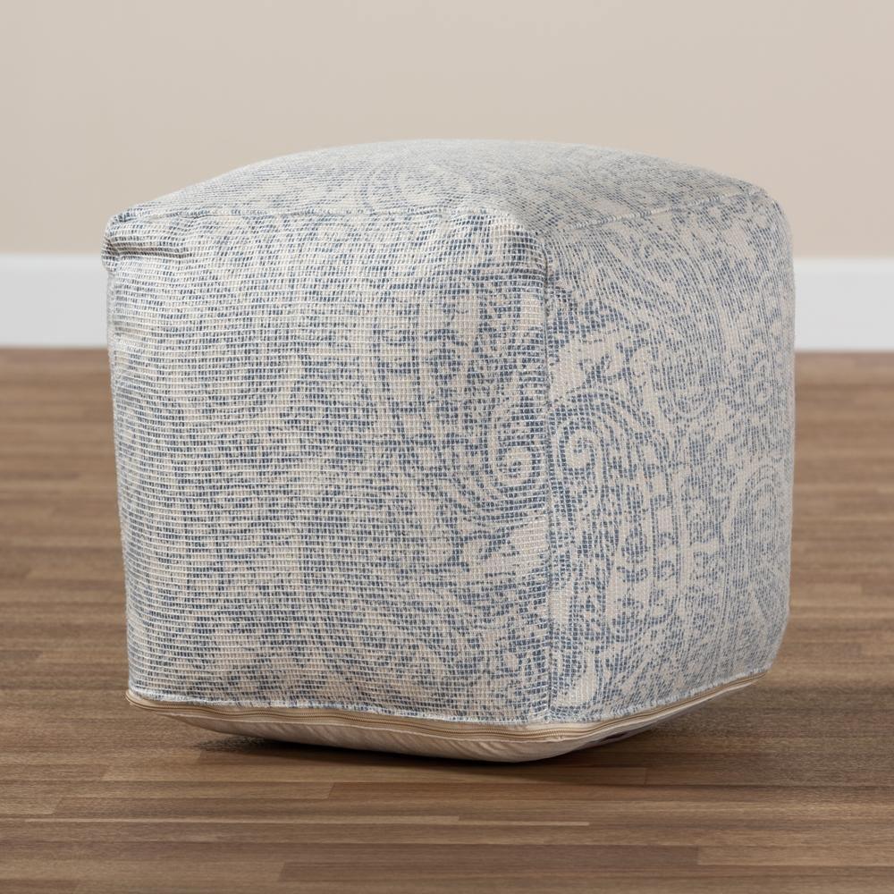 Juvita Modern and Contemporary Ivory and Blue Handwoven Cotton Paisley Pouf Ottoman FredCo