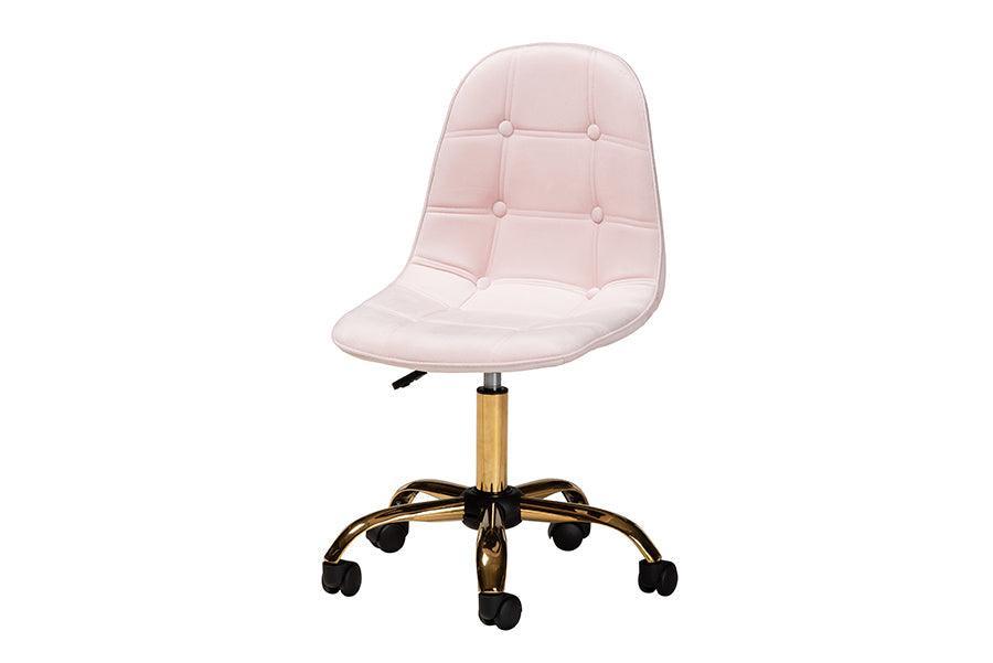 Kabira Contemporary Glam and Luxe Blush Pink Velvet Fabric and Gold Metal Swivel Office chair FredCo