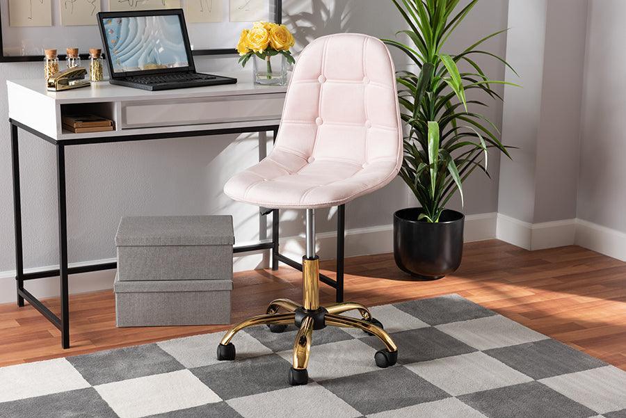 Kabira Contemporary Glam and Luxe Blush Pink Velvet Fabric and Gold Metal Swivel Office chair FredCo