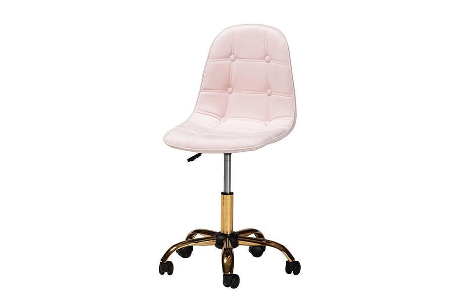 Kabira Contemporary Glam and Luxe Blush Pink Velvet Fabric and Gold Metal Swivel Office chair FredCo