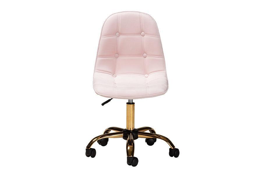 Kabira Contemporary Glam and Luxe Blush Pink Velvet Fabric and Gold Metal Swivel Office chair FredCo