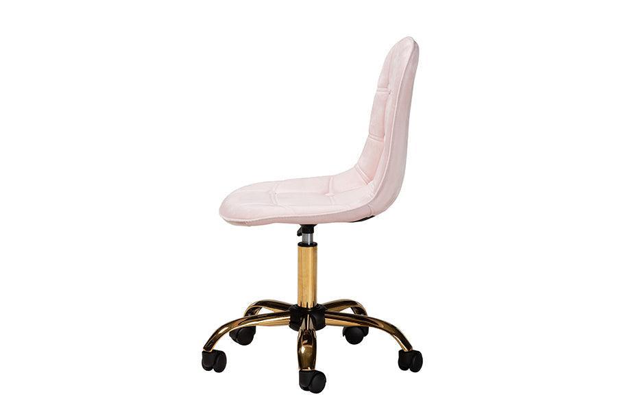 Kabira Contemporary Glam and Luxe Blush Pink Velvet Fabric and Gold Metal Swivel Office chair FredCo