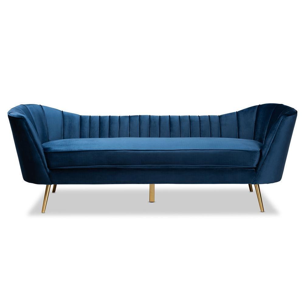 Kailyn Glam and Luxe Navy Blue Velvet Fabric Upholstered and Gold Finished Sofa FredCo
