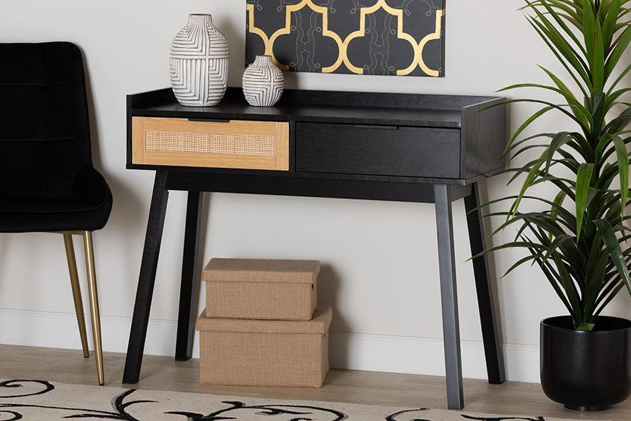 Kalani Mid-Century Modern Two-Tone Espresso Brown and Natural Brown Finished Wood 2-Drawer Console Table FredCo