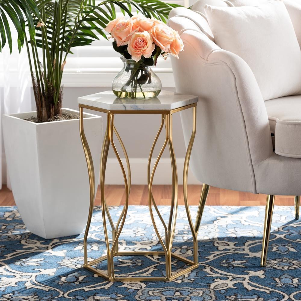 Kalena Modern and Contemporary Gold Metal End Table with Marble Tabletop FredCo