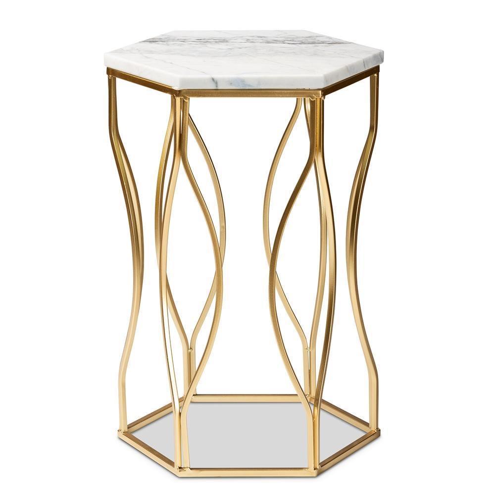 Kalena Modern and Contemporary Gold Metal End Table with Marble Tabletop FredCo
